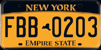NY license plate FBB0203