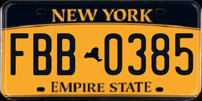 NY license plate FBB0385