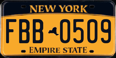 NY license plate FBB0509