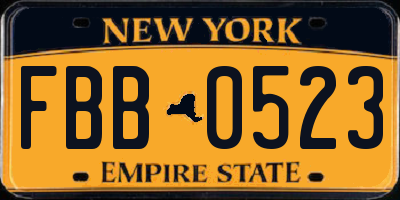 NY license plate FBB0523
