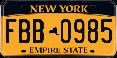 NY license plate FBB0985