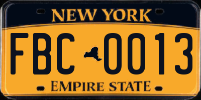 NY license plate FBC0013