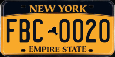 NY license plate FBC0020