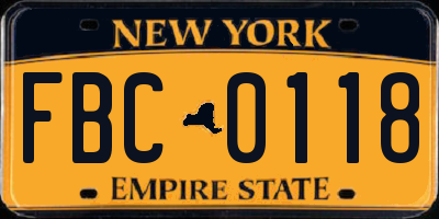 NY license plate FBC0118