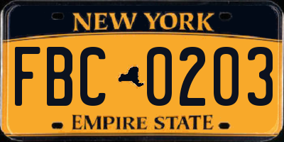 NY license plate FBC0203