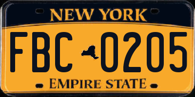 NY license plate FBC0205