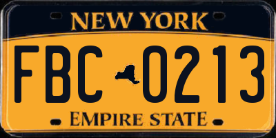 NY license plate FBC0213