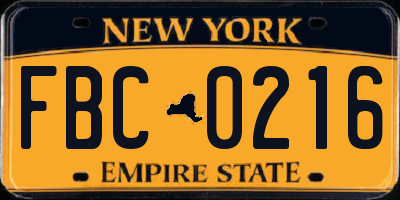 NY license plate FBC0216