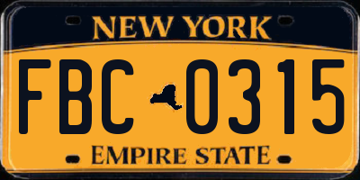 NY license plate FBC0315