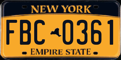 NY license plate FBC0361