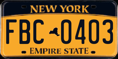 NY license plate FBC0403