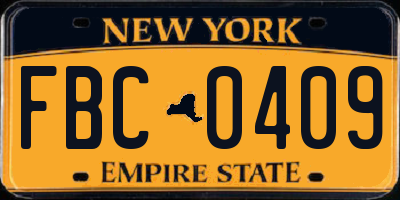 NY license plate FBC0409