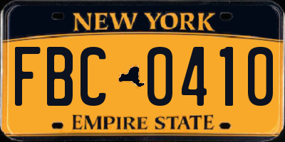 NY license plate FBC0410
