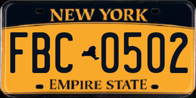 NY license plate FBC0502