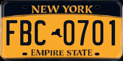 NY license plate FBC0701