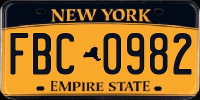 NY license plate FBC0982
