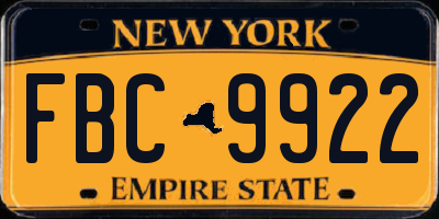 NY license plate FBC9922