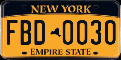 NY license plate FBD0030