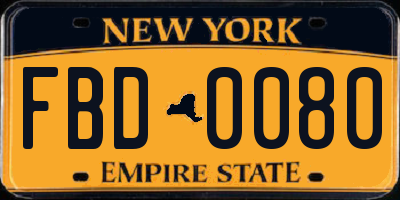 NY license plate FBD0080