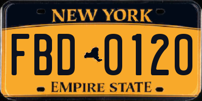NY license plate FBD0120