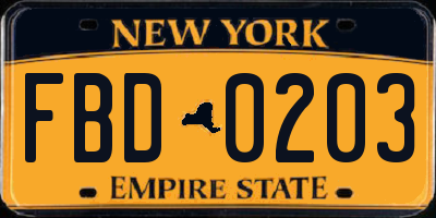 NY license plate FBD0203