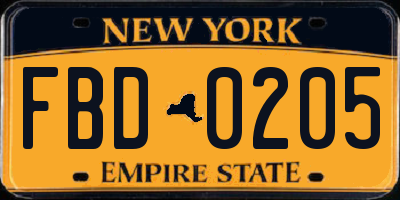 NY license plate FBD0205