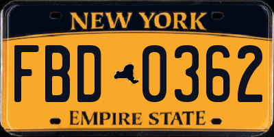 NY license plate FBD0362