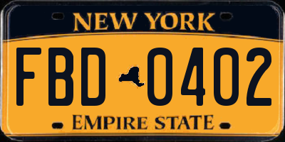 NY license plate FBD0402