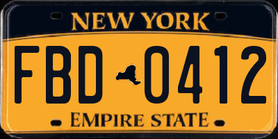 NY license plate FBD0412