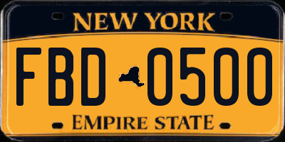 NY license plate FBD0500