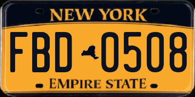NY license plate FBD0508