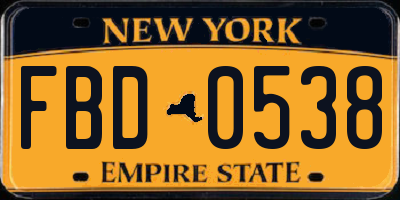 NY license plate FBD0538