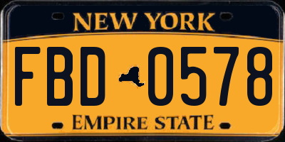 NY license plate FBD0578
