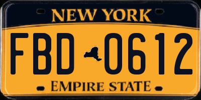 NY license plate FBD0612