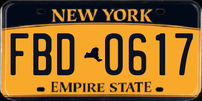 NY license plate FBD0617