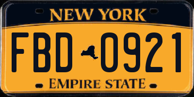 NY license plate FBD0921