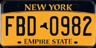 NY license plate FBD0982