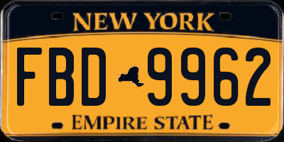 NY license plate FBD9962