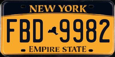 NY license plate FBD9982