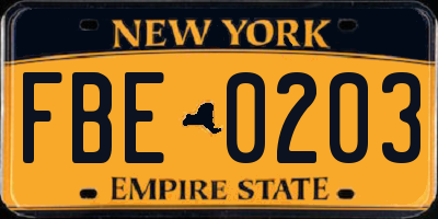 NY license plate FBE0203