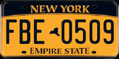 NY license plate FBE0509