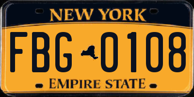 NY license plate FBG0108