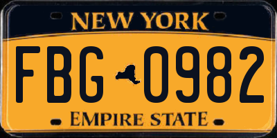NY license plate FBG0982