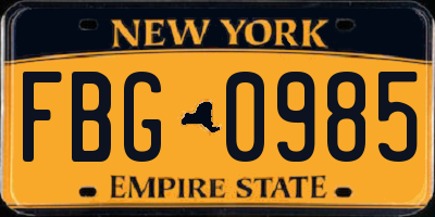 NY license plate FBG0985