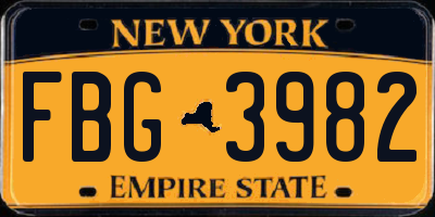 NY license plate FBG3982