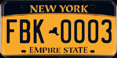 NY license plate FBK0003