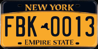 NY license plate FBK0013