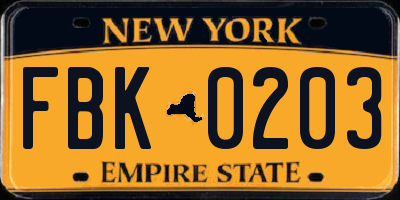 NY license plate FBK0203