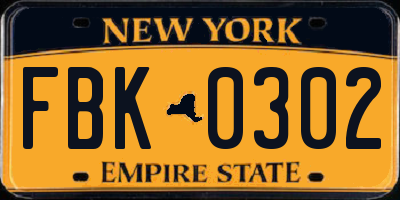 NY license plate FBK0302