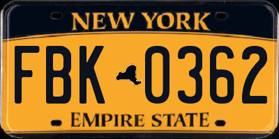 NY license plate FBK0362